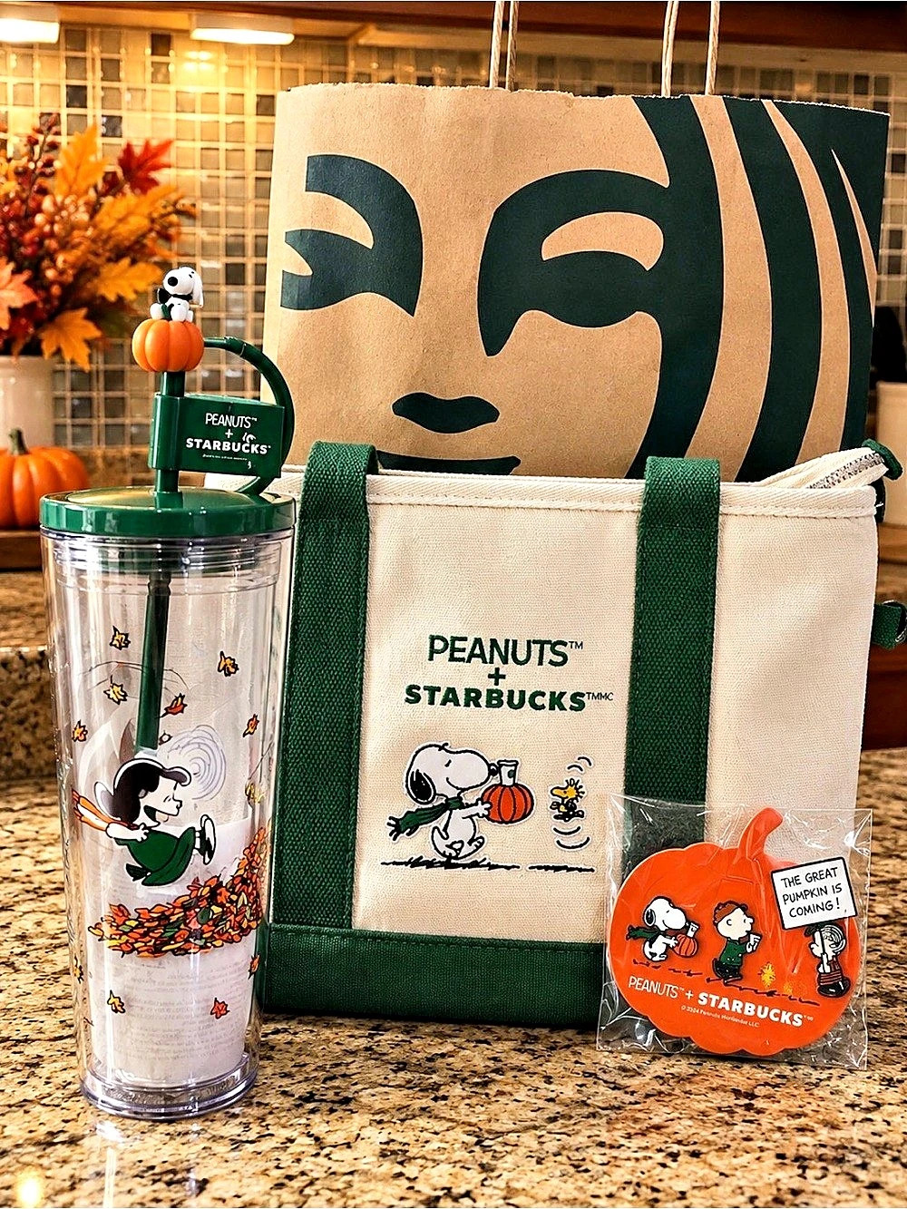Starbucks Peanuts Tote Bag Green & Beige NWT & plastic tumbler w/ topper & pins